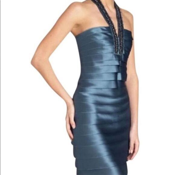 BCBGMaxAzria Blue Grey Woven Embellished Halter Dress | SZ 4 - Picture 1 of 16